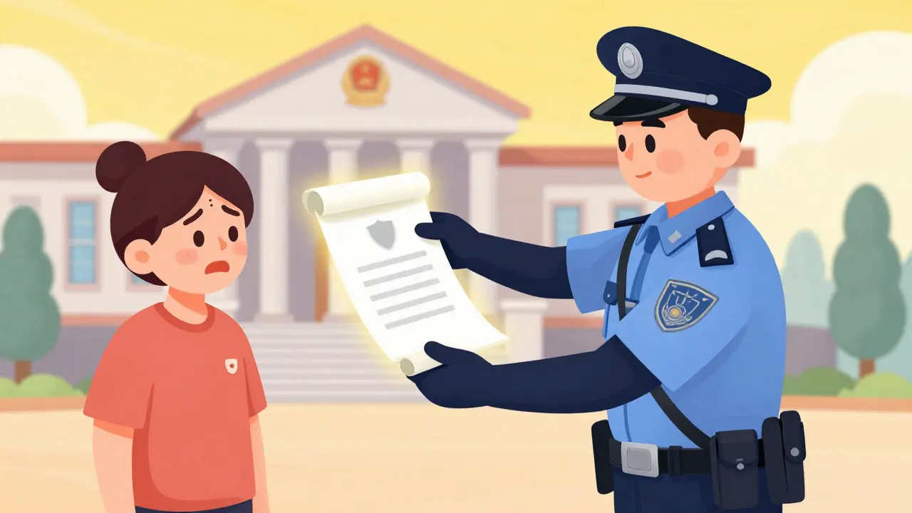 Иллюстрация в стиле ретро-мультфильма: полицейский выдает защитный документ