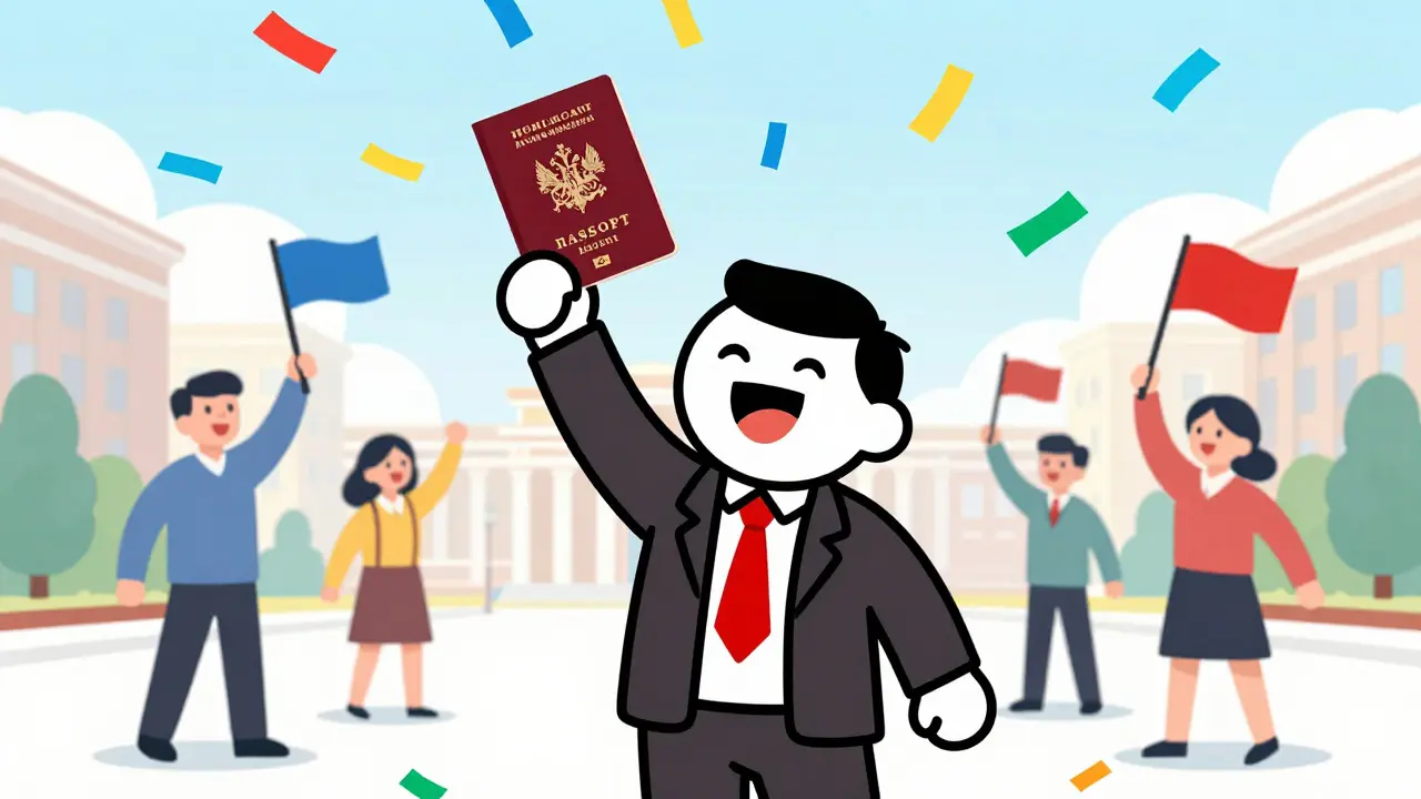 Радостный персонаж празднует получение паспорта РФ