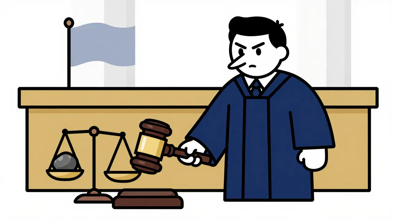 Судья в мультяшном стиле бьет молотком по столу, рядом весы правосудия